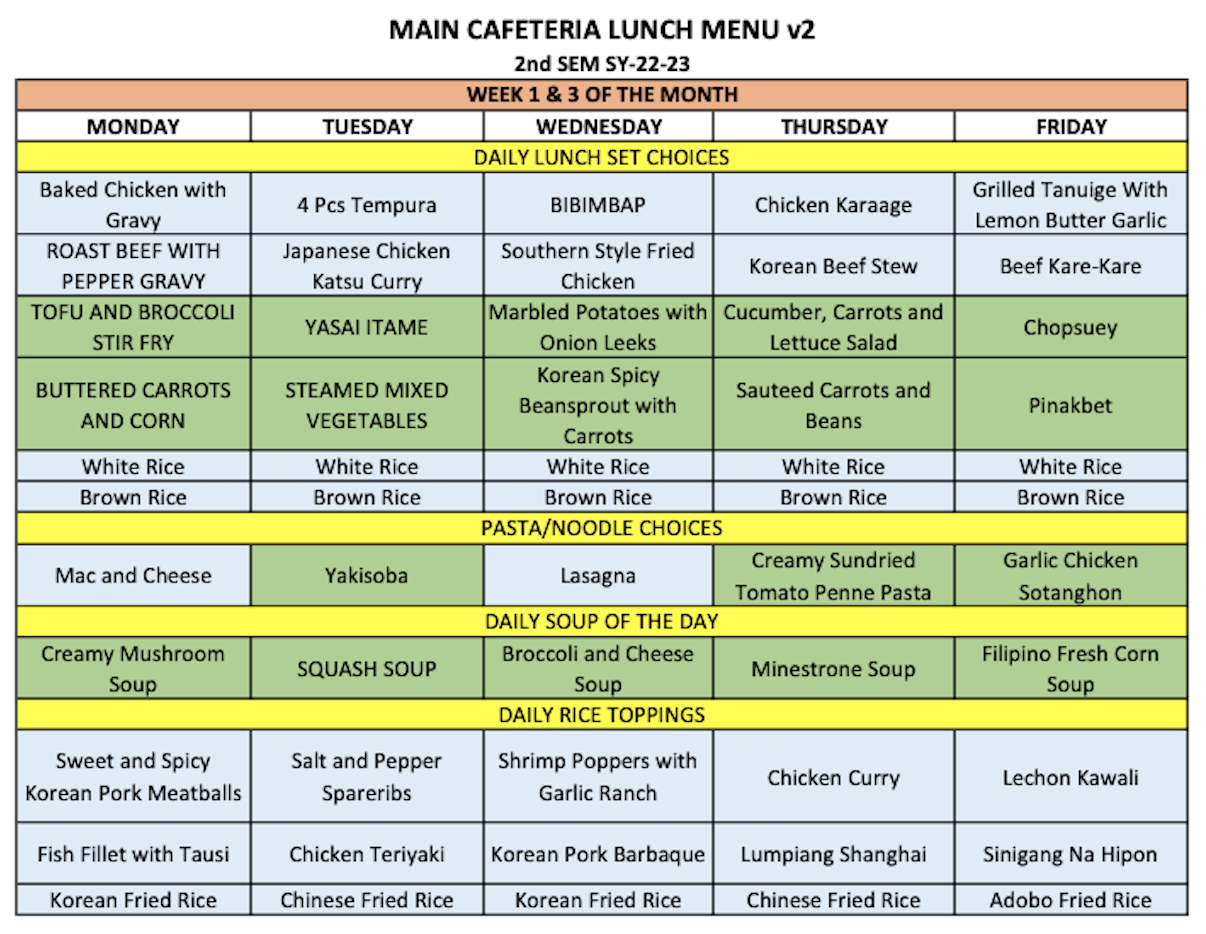 Cafeteria Lunch Menu - Brent International School Manila